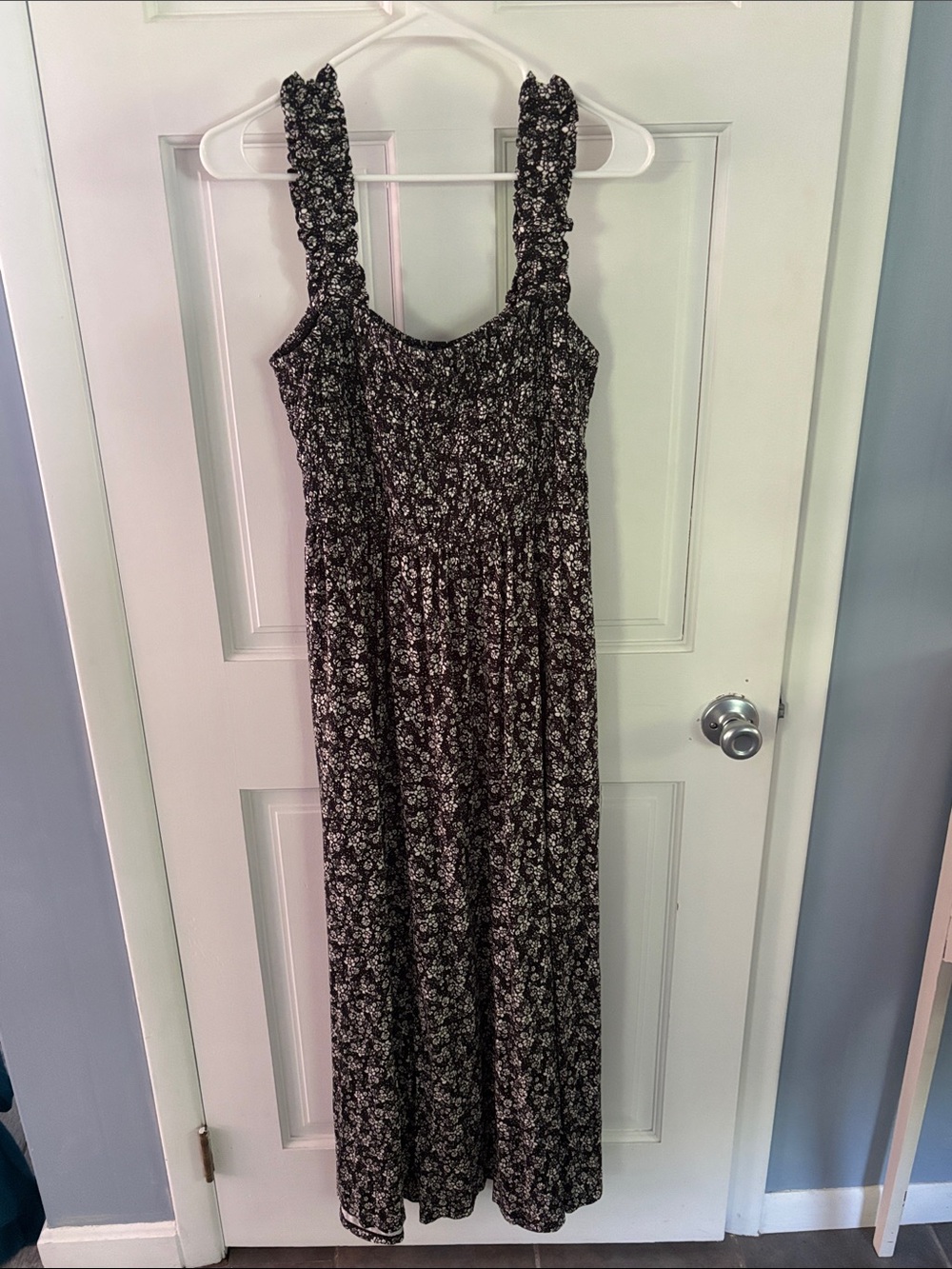 Smocked Black Floral Maxi Dress with Ruffled Straps